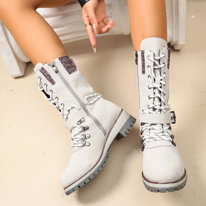 Brown boots with mid-calf and lace-up, zip-front, buckle