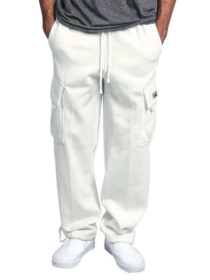 White fleece cargo lounge trousers with drawstring waist and multiple pockets.