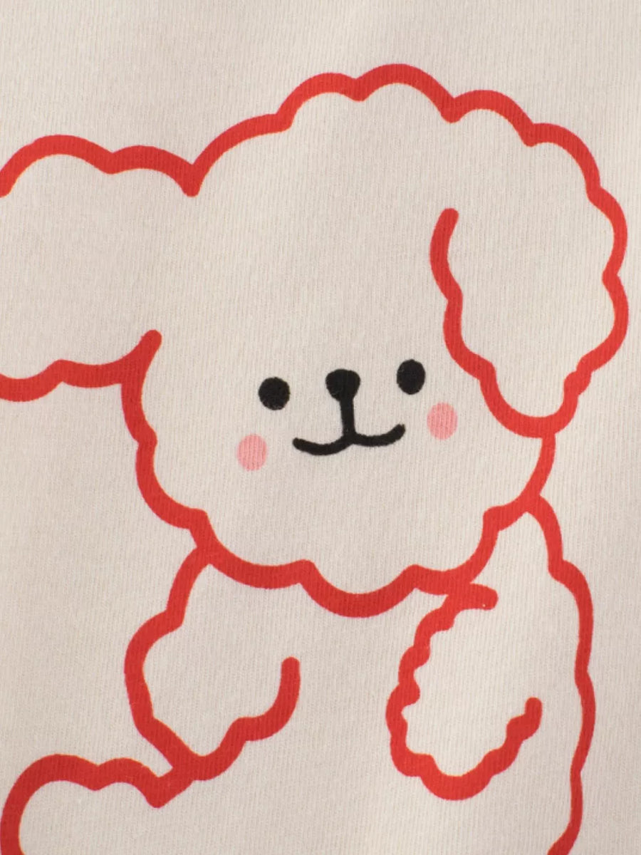 T-shirt with red outline cartoon dog graphic and pink cheeks