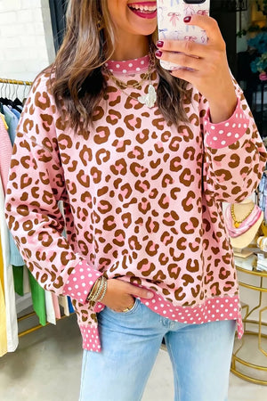 pink sweatshirt with leopard-print and round neck