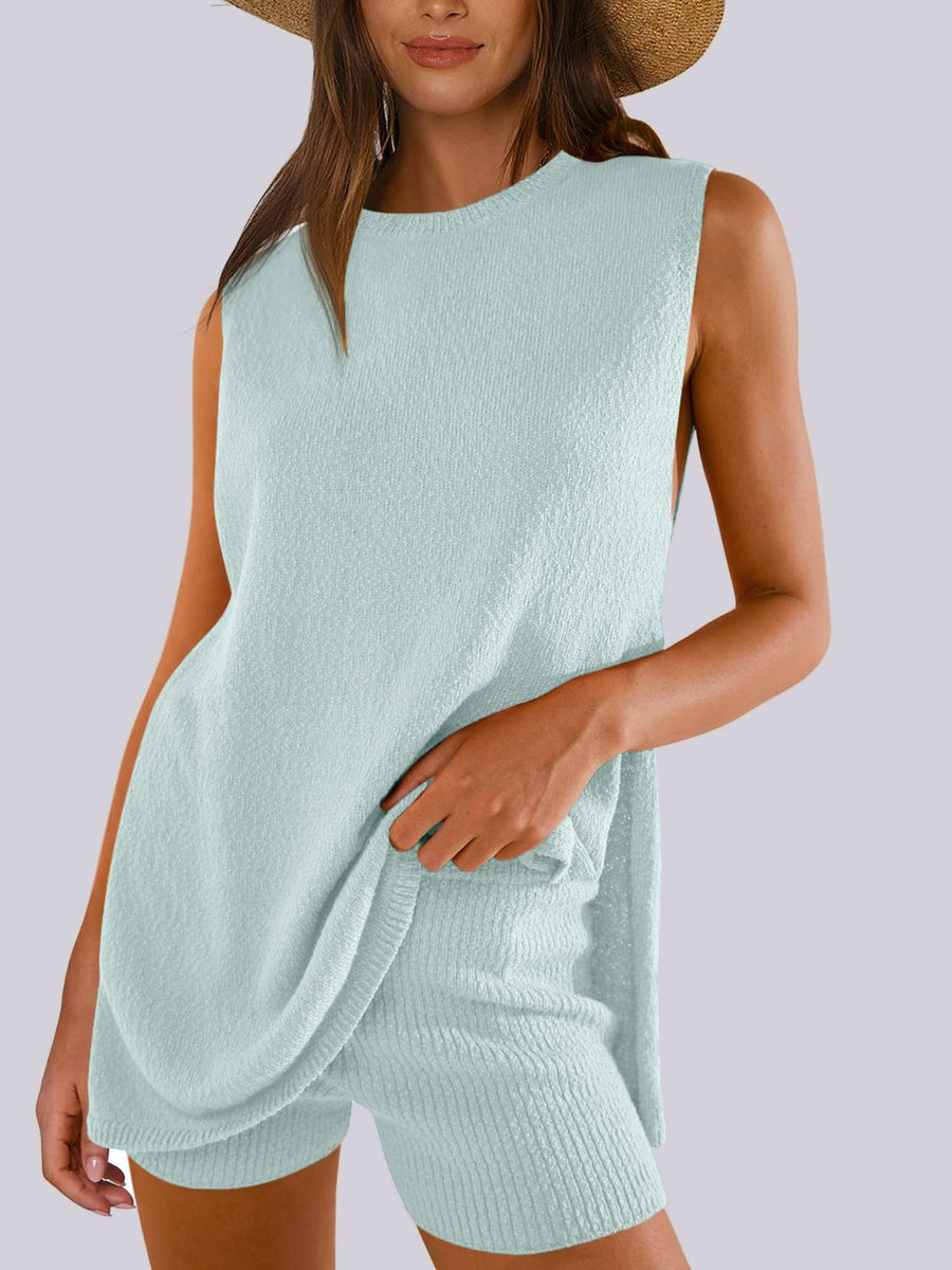 Textured knit tank and short set in Dark Blue with slit sides.