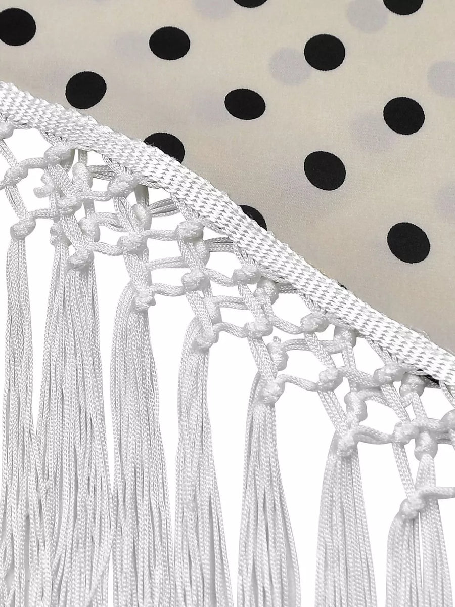 Cream polka dot cami with white macrame fringe detail