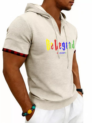 Men's Full Size Letter Graphic Short Sleeve Hooded Top in Black