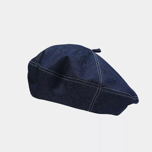 Vintage Style Denim Beret Hat in Medium Blue with visible stitching
