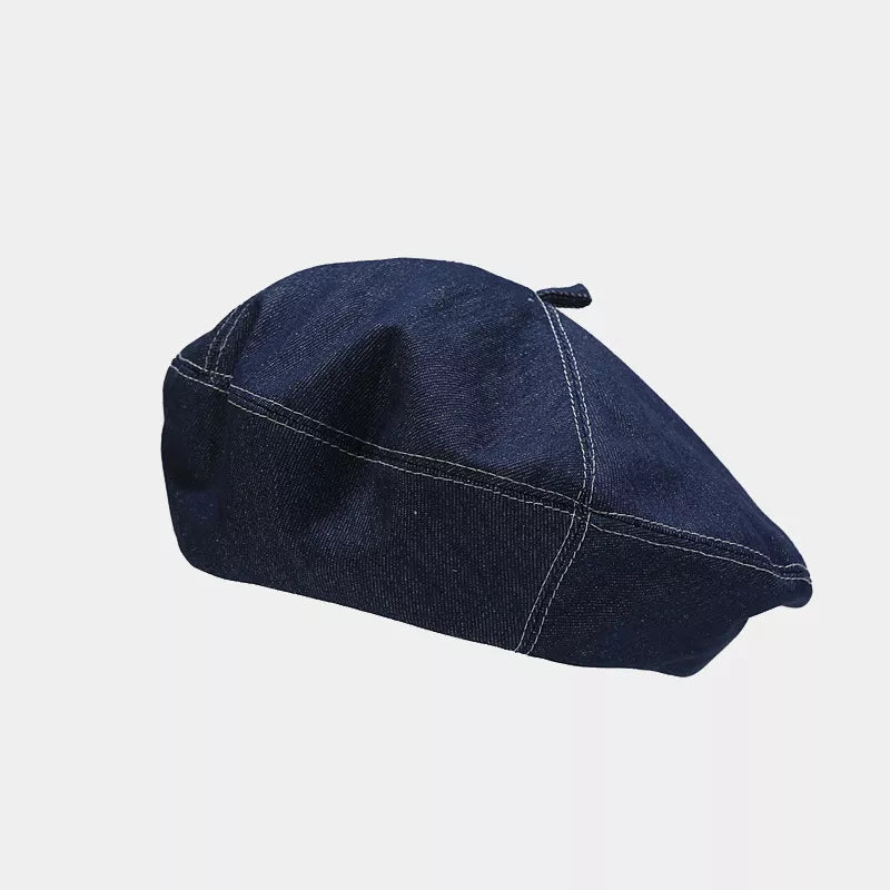 Vintage Style Denim Beret Hat in Medium Blue with visible stitching