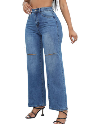 Stretch Distressed Wide-Leg Jeans in Black with distressed