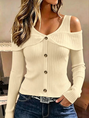 cold shoulder top in White with ribbed and hip-length