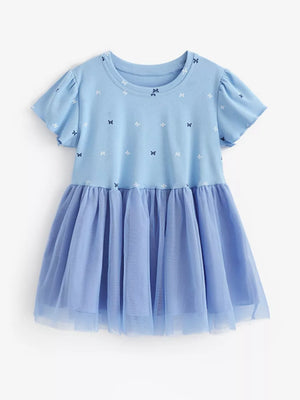 Baby girls cerulean blue cotton dress with butterfly print and tulle skirt