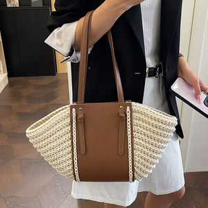 Straw Woven Shoulder Bag in Beige with woven construction