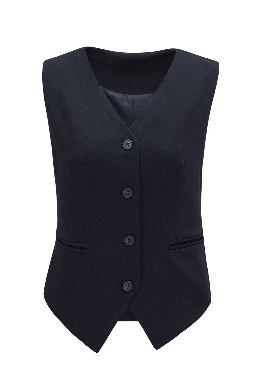 Black tailored V-neck button-down vest with four buttons and two front pockets.