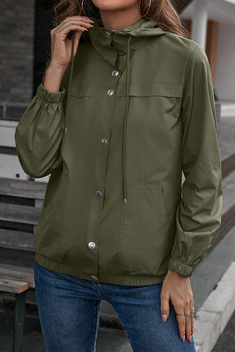 Army green hooded utility jacket with drawstring waist and button front.