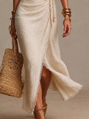 Beige wrap dress with midi and wrap