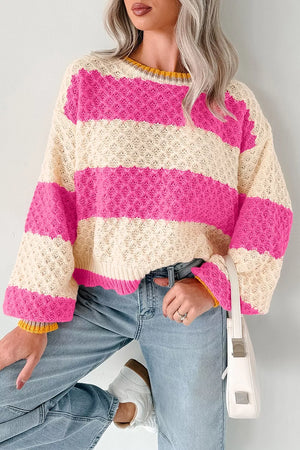 Striped Colorblock Drop Shoulder Sweater in Hot Pink