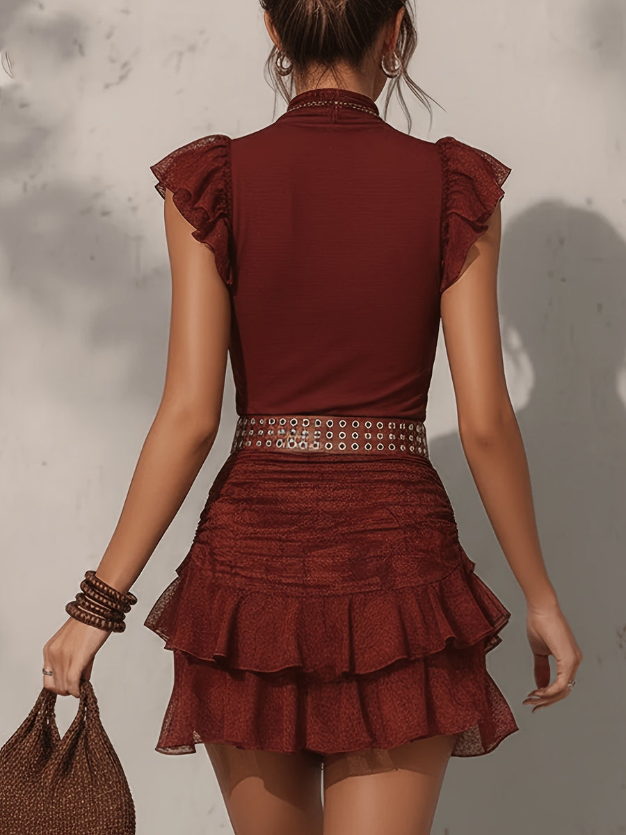 100% polyester Care instructions: Machine wash cold matching set in burgundy with fitted silhouette