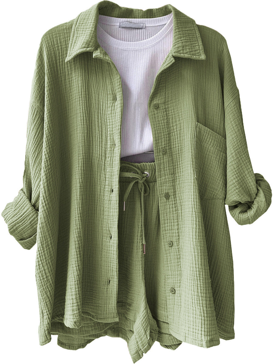 Green textured gauze shirt and shorts set with drawstring waist and button front