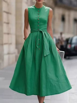 Yellow Sleeveless Button-front Belted Midi Dress Plus Size