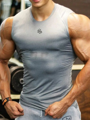 Performance Fit Muscle Tank in gray with a black logo detail on the chest.