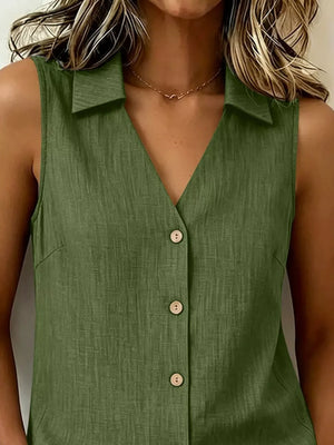 Full Size Button-up Sleeveless Collared Top in Navy