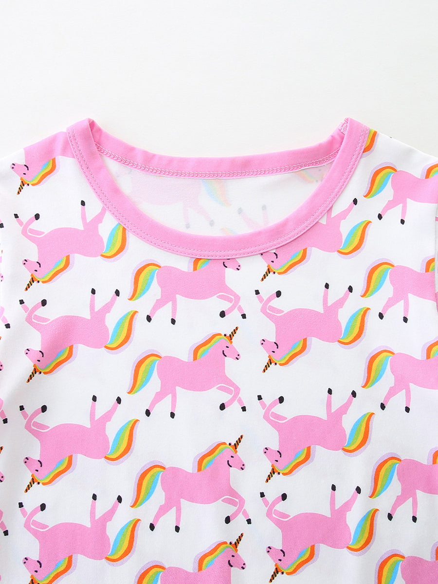Girls white unicorn print t-shirt with pink trim and crew neck.