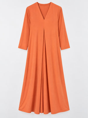 orange midi dress with pleated and 3/4 sleeve
