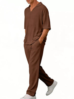 Men's Half Sleeve Top And Pants Set Plus Size in khaki with pocketed