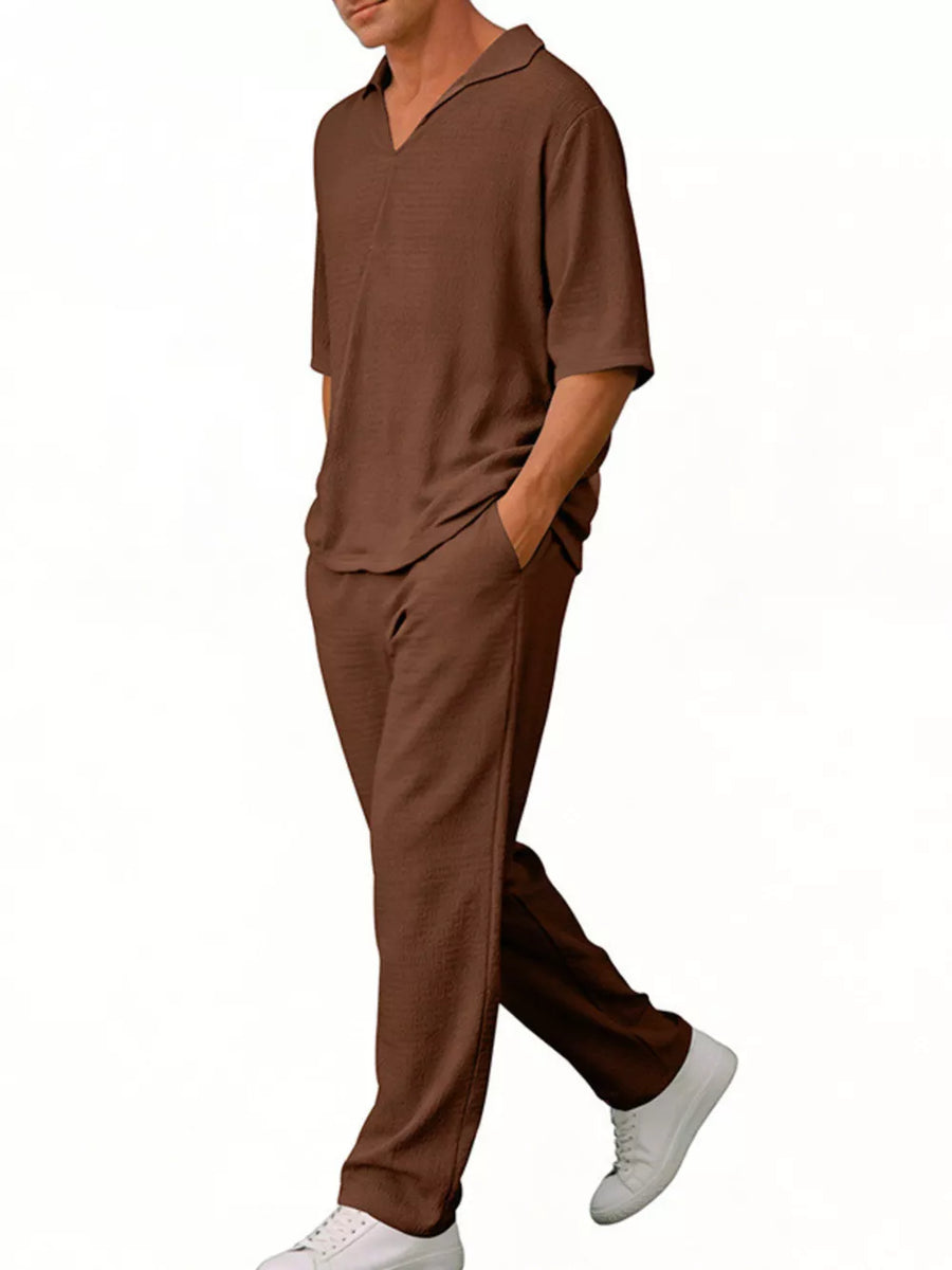 Men's Half Sleeve Top And Pants Set Plus Size in khaki with pocketed