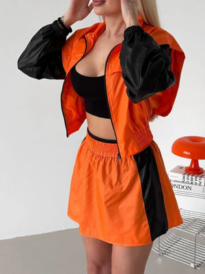 Color-Block Cropped Jacket And Skort Set in Red with zipper