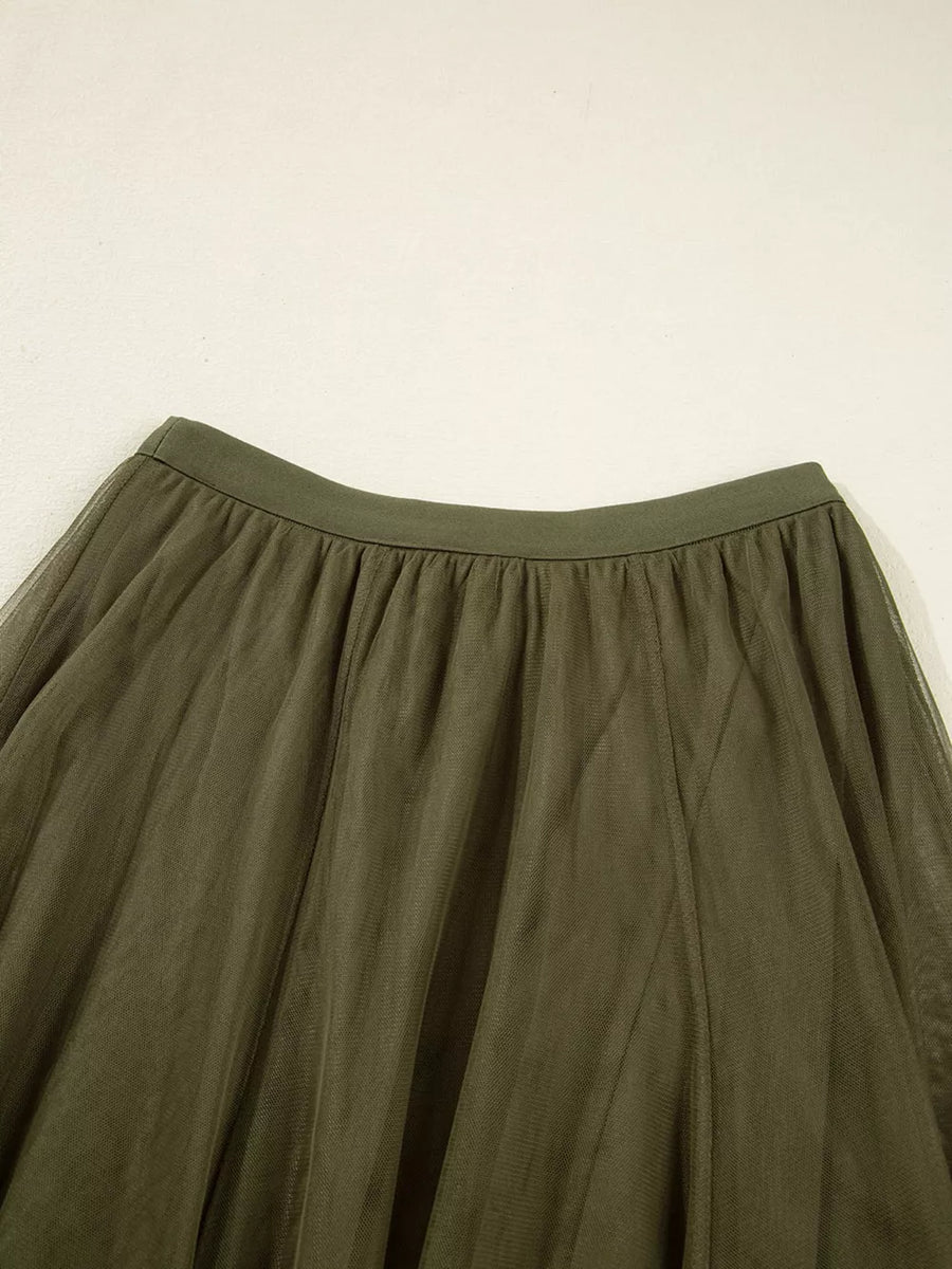 Army green tulle A-line midi skirt with gathered waistband