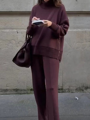 95% polyester, 5% elastane Care instructions: Machine wash cold lounge set in Burgundy with loose silhouette