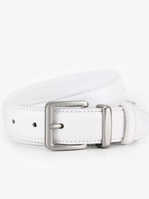 White leather belt with a silver buckle and keeper loop.
