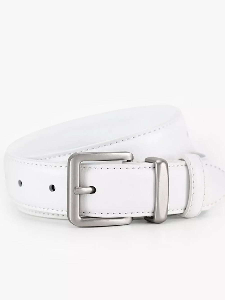 White leather belt with a silver buckle and keeper loop.