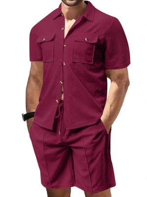 Burgundy textured resort shirt with button pockets and matching drawstring shorts.
