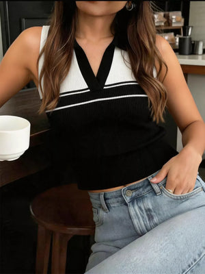 Black with Contrast Collar Striped Knit Sweater Vest
