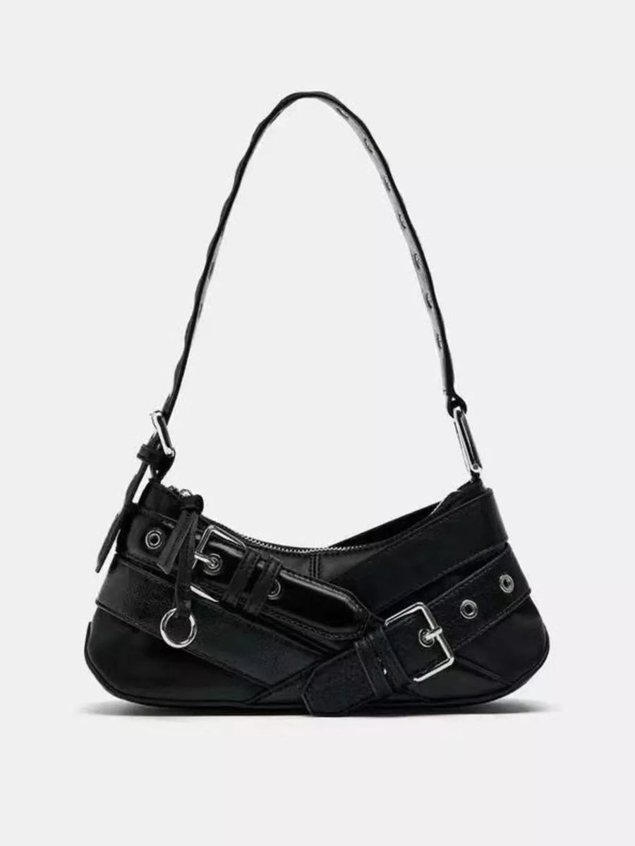 Black shoulder bag with multiple buckle and strap accents