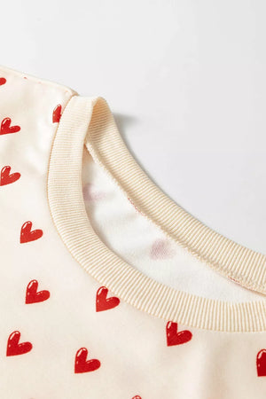 Cream with Heart Print Round Neck Long Sleeve Sweatshirt in Cream