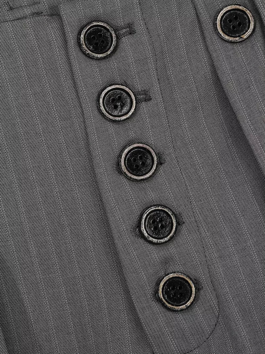Grey pinstripe sweatpants with a buttoned fly detail.