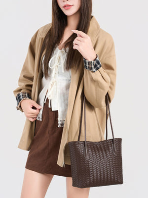 Coffee Brown shoulder bag featuring woven texture and woven