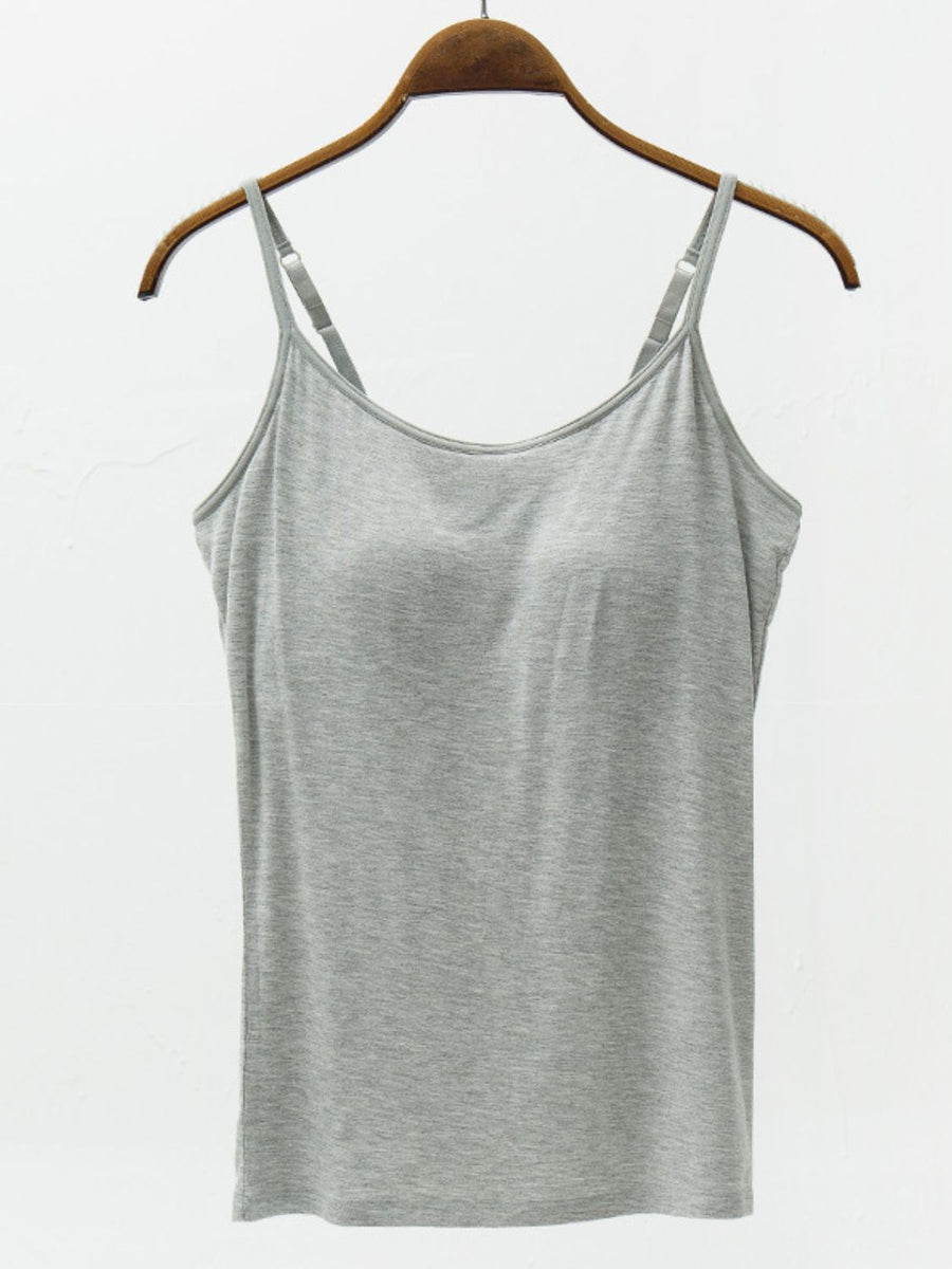 Gray camisole with adjustable straps and built-in support.