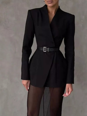white blazer with structured shoulders and long sleeve