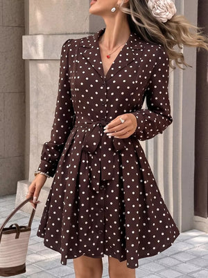 dark brown shirt dress with polka dot and collared