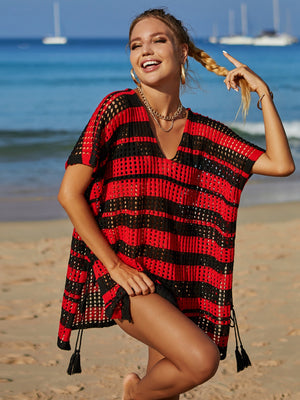 Red and black striped crochet beach cover-up with V-neck, short sleeves, and tassel drawstrings.