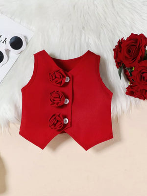 Red baby vest with decorative floral buttons and V-neckline.