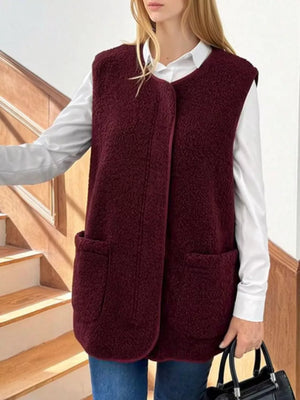Sherpa Sleeveless Vest Coat in Khaki with pocketed