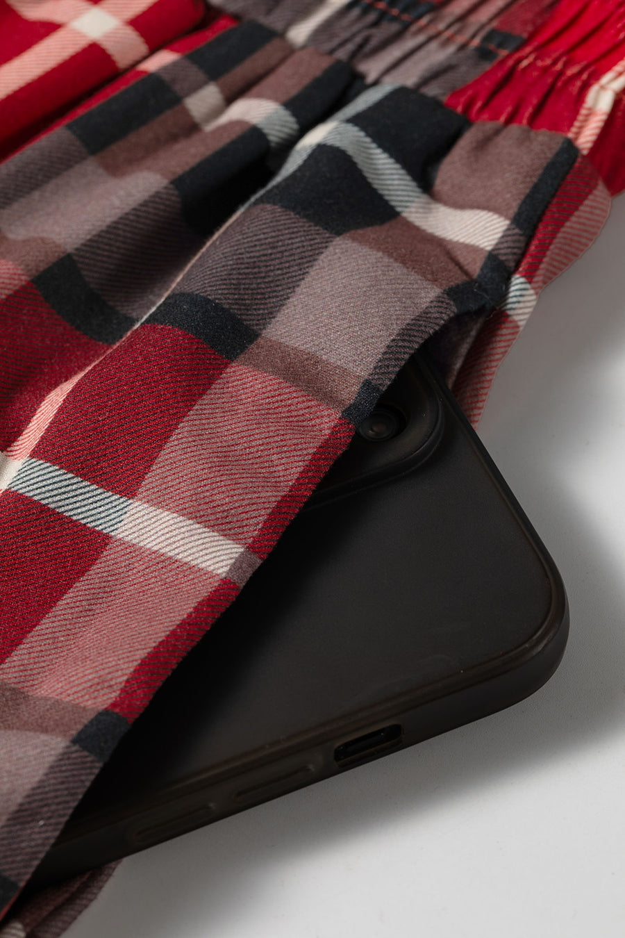 Plaid Elastic Waist Pocket Pants in Burgundy with pocketed