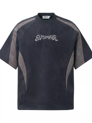 Navy blue athletic t-shirt with graphic embroidery and grey panel details