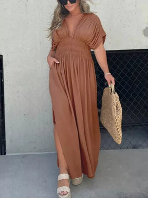 Brown V-neck dolman sleeve maxi dress with smocked waist and side slits
