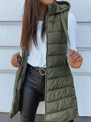 puffer vest in olive green featuring lightweight and straight fit