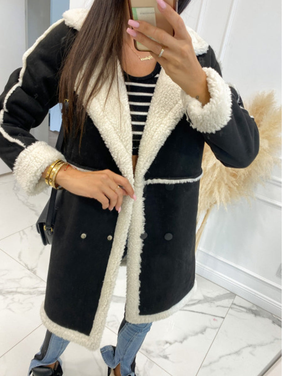 Black suede effect overcoat with shearling trim and collar, double-breasted front.