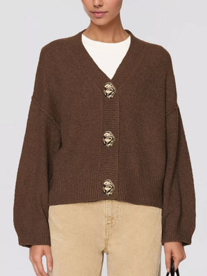 cardigan in chocolate brown featuring buttoned and relaxed fit