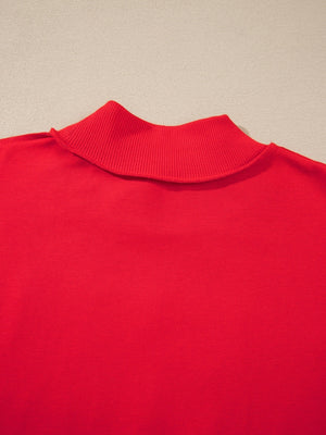 red sweatshirt with pullover and graphic print